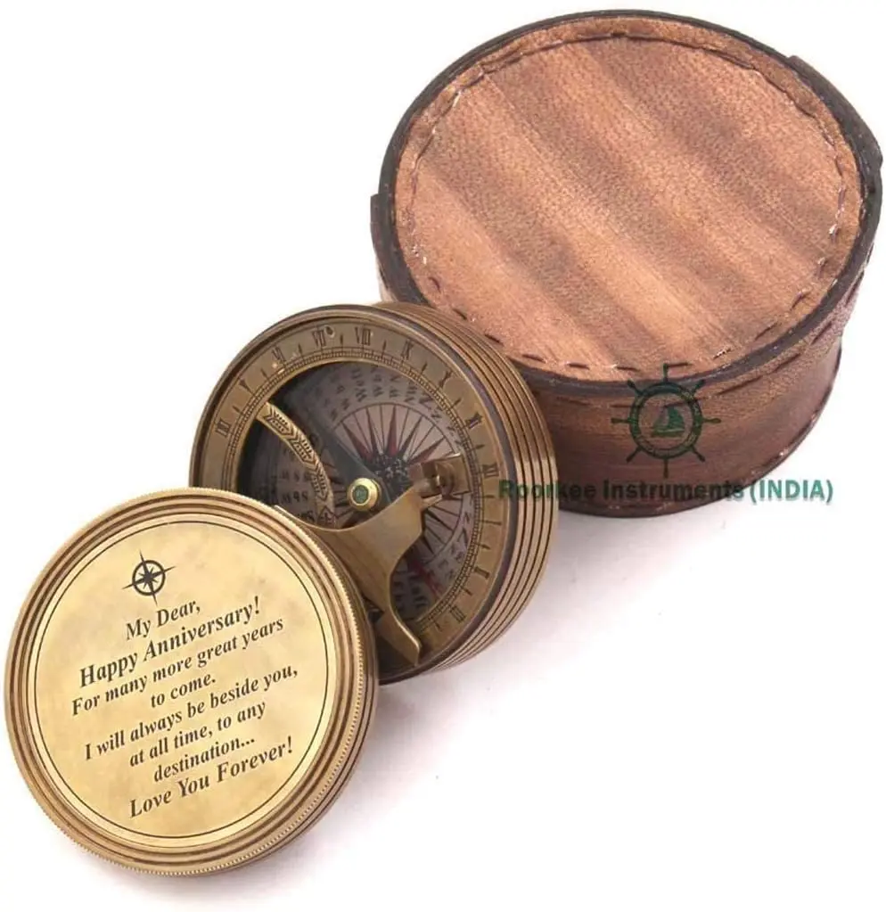 Brass Sundial Compass With Leather Cover Personalized Working Sundial Compass - High Quality Sundial Compass