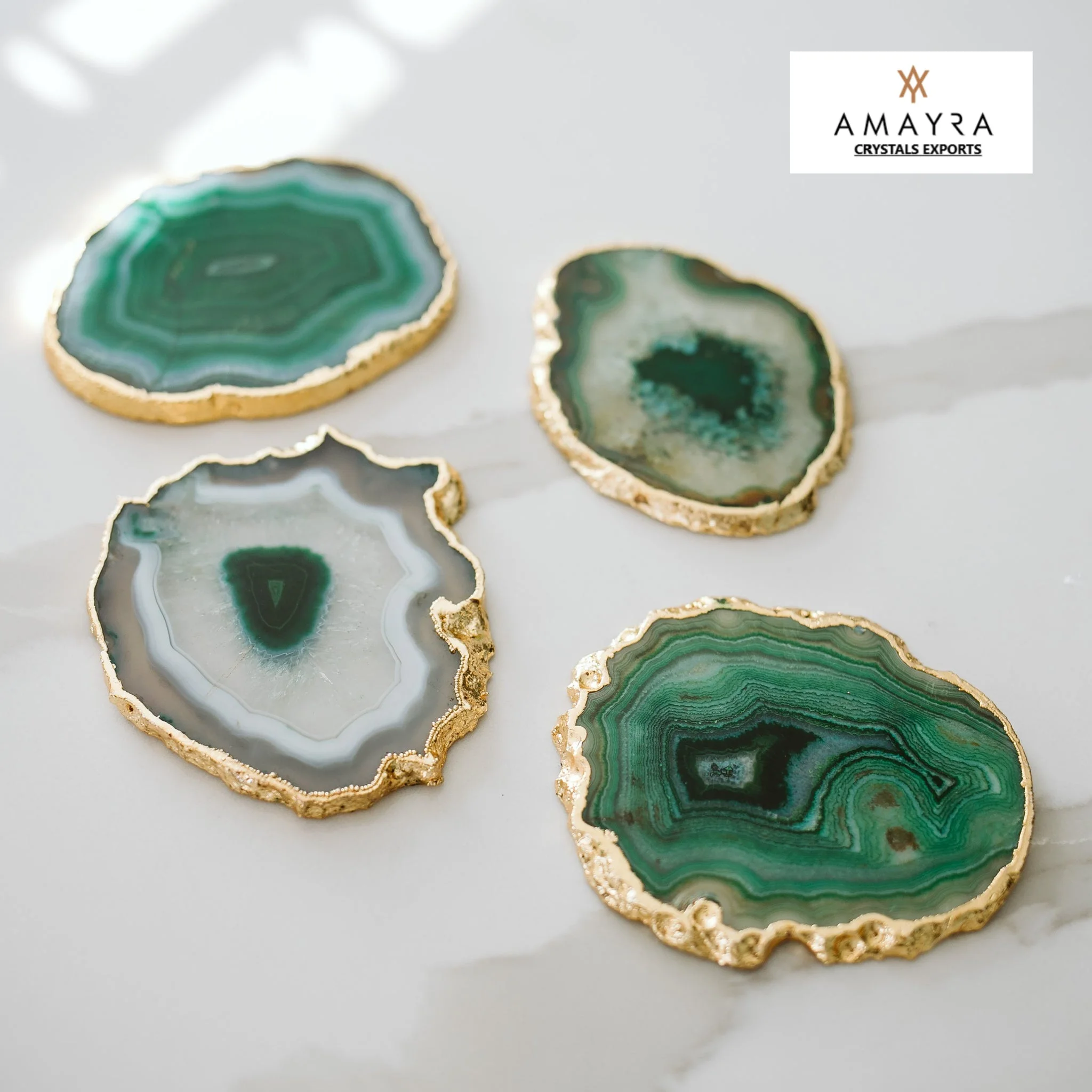 Natural Agate Coasters   Green Color Geode Coasters With Golden Plating  Buy Online From Amayra Crystals Exports