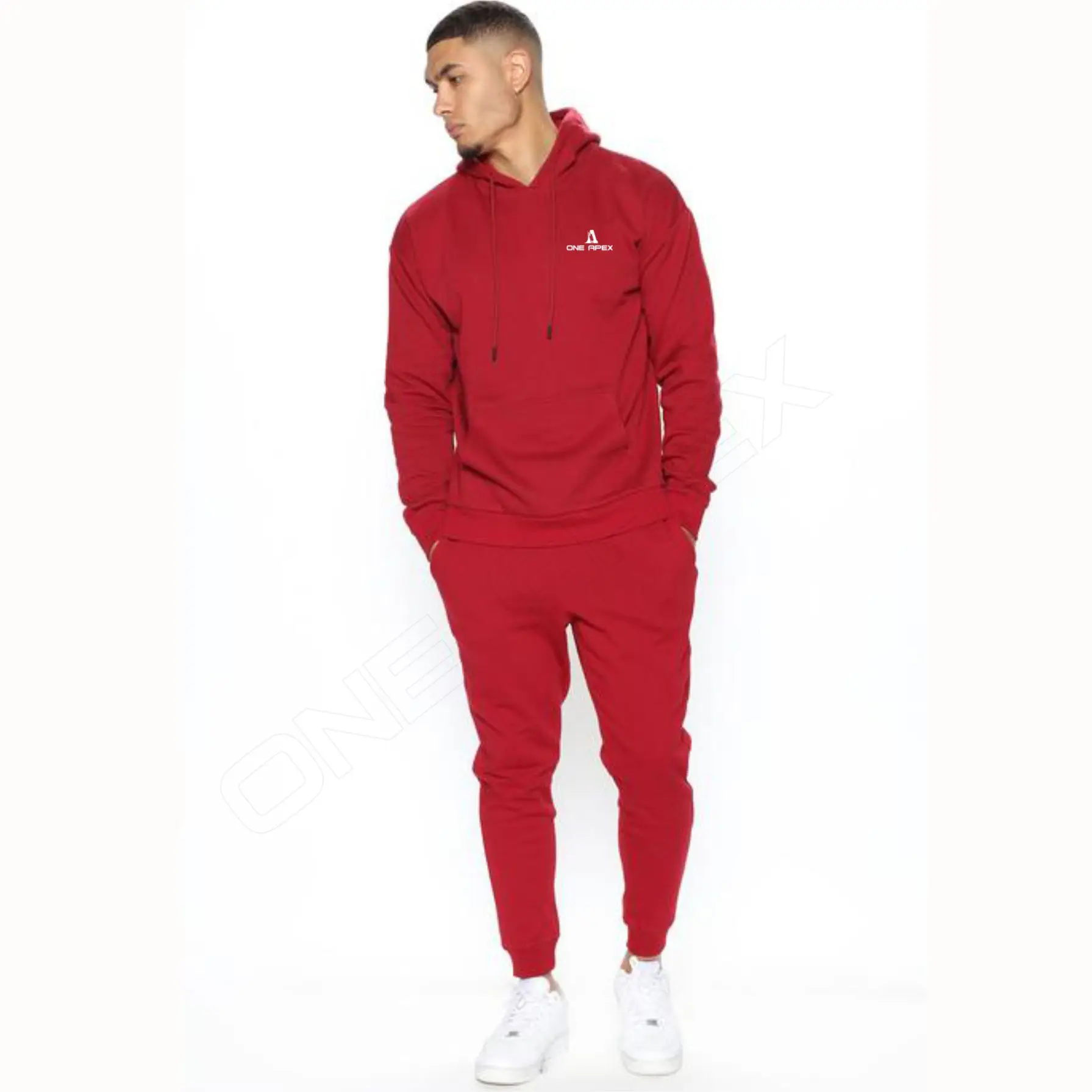 Men Plain Custom Tracksuit OEM  Maroon Slim Fit Gym Fitness Pullover Hoodie Tracksuit set for Men by One Apex