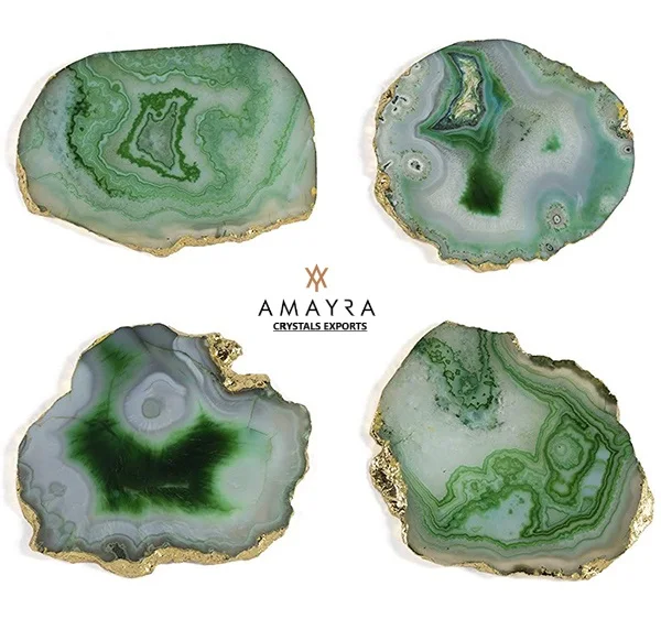 Natural Agate Coasters   Green Color Geode Coasters With Golden Plating  Buy Online From Amayra Crystals Exports