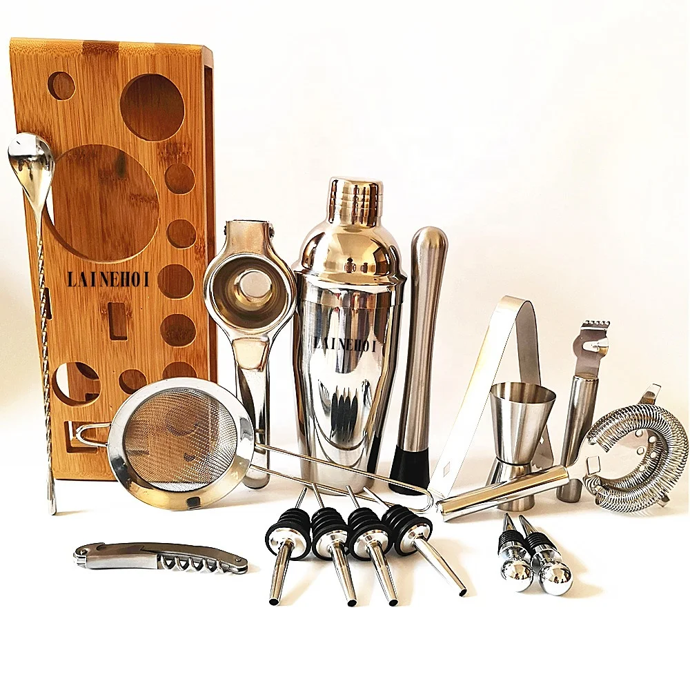 Custom Logo Home Bar 17-Piece Bar Tool Set with Patent Pending Bamboo Stand Bartender kit Cocktail shaker set