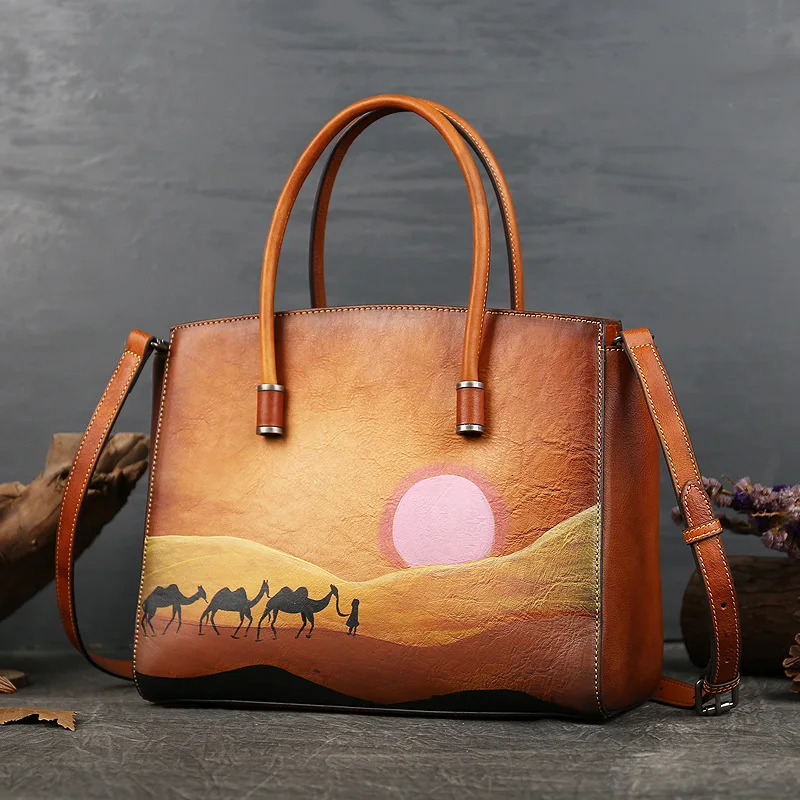 Ready To Ship Women Hand Painted Leather Tote Bag Luxury Handbags Designer Purses Quality Handbags