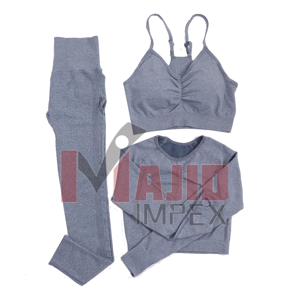 Wholesale High Quality Women 3 Piece Crop Top Sports Bra Leggings Workout Clothing 3 Piece Seamless Yoga Set