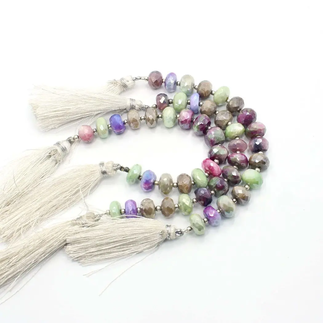 Natural Mystic Coated Moonstone Faceted Roundel Shape 4 Inch Beads Multi-Color Loose Stone Beads for Jewelry Making Silver Color