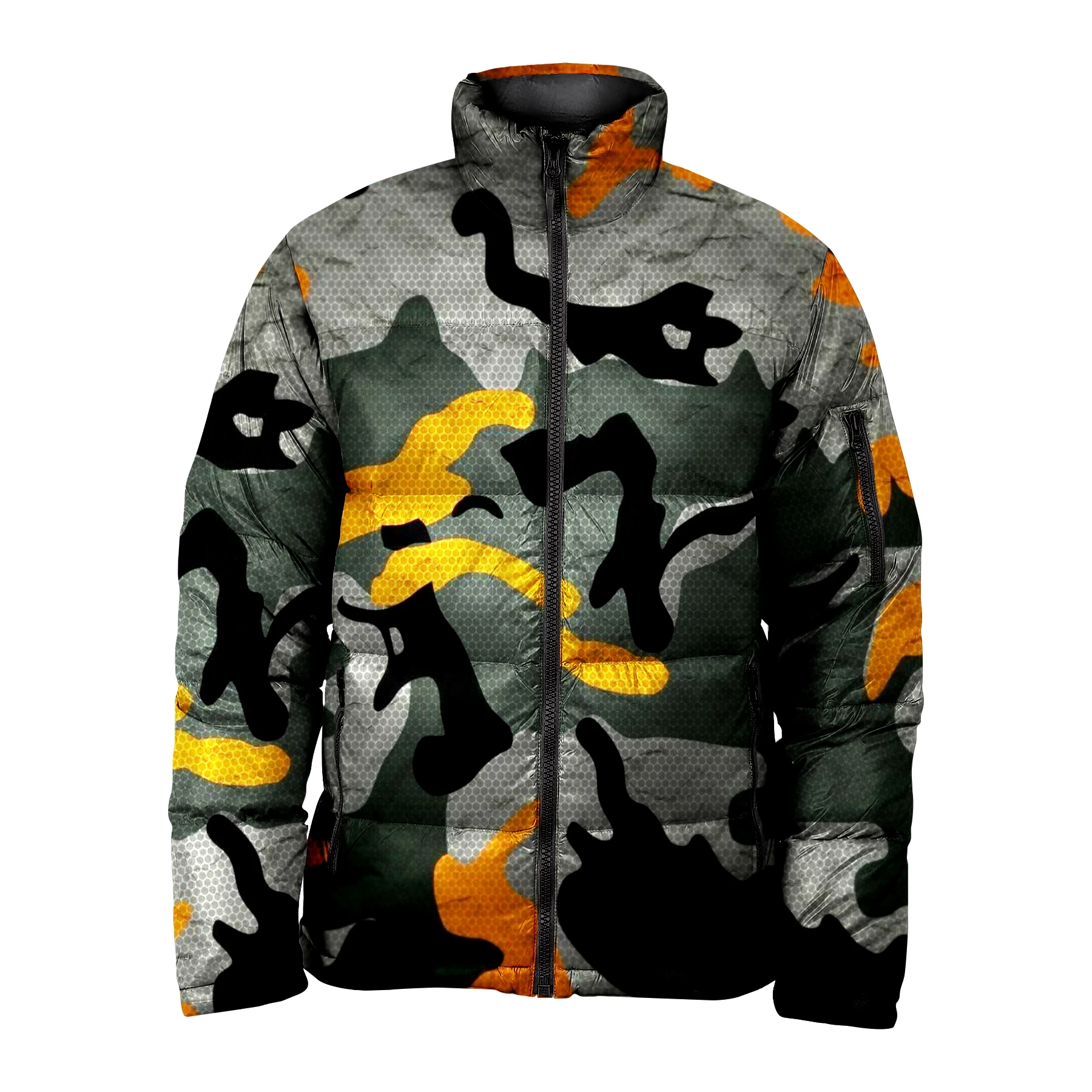 New Sublimated Yellow Camouflage Pattern Printed Puffer Jacket For Men & Women