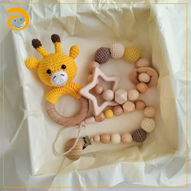 Amigurumi Elephant crochet teething rattles wooden pacifier clip autism sensory toys