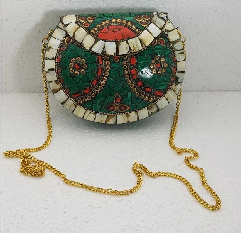 Hot Selling Stylish Metal Mosaic Clutch Bag Luxury Vintage Party Evening Purse with Stone Pattern Envelope Style