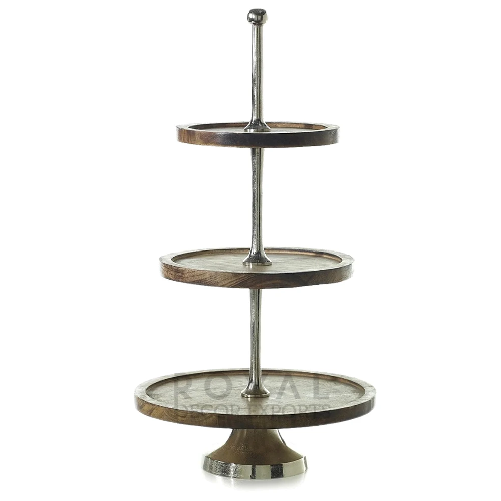 3 Tier Cake Plate Stand Wood Top Metal Base Round Cake Stand Decor Wood Decorative Party Supplies Cake Stand Wedding Decor