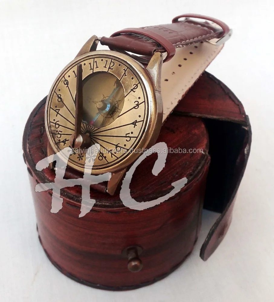 Calvin Handicraft Antique Nautical Sundial Compass Solid Brass Wrist Watch with Leather Case For Father Mother Brother CHCOM001