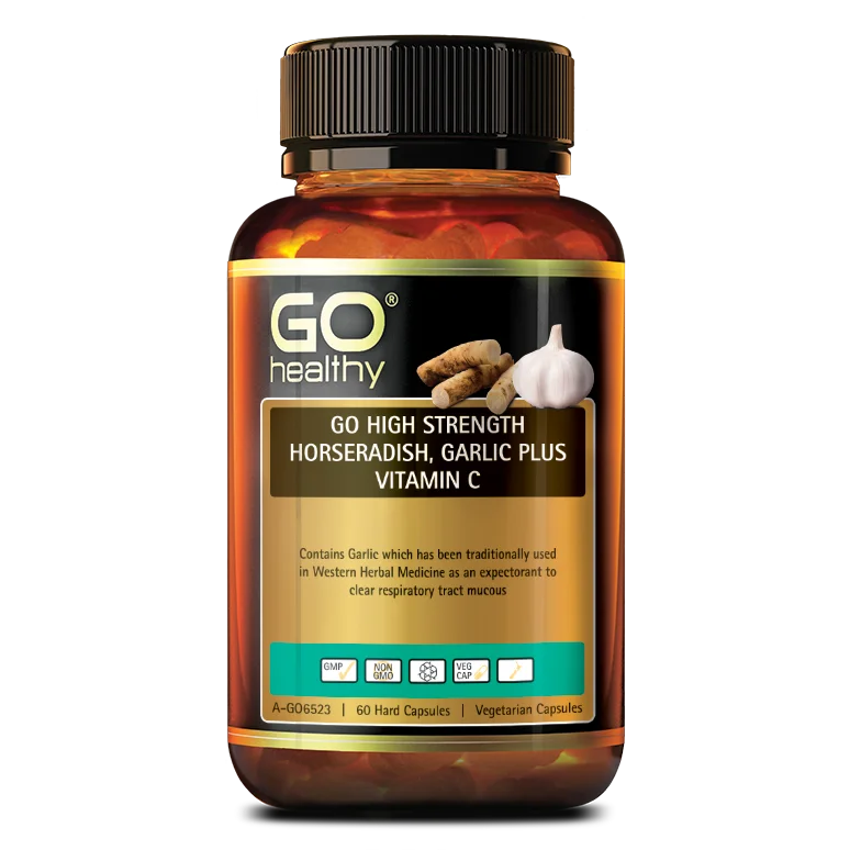 GO  HIGH STRENGTH HORSERADISH, GARLIC PLUS VITAMIN C 60 VegeCapsules - clear respiratory tract mucous -Made in New Zealand