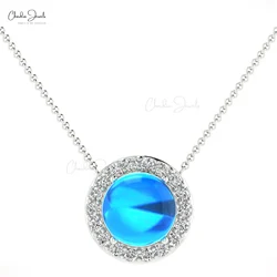 14K Gold Flawless Round Halo Pendant in 14K Gold With G-H Diamond & Blue Topaz For Gift