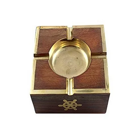 Superior Quality Brass Gold Ash Tray With Wooden Base For Cigar And Cigarette Ashes At Wholesale Prices