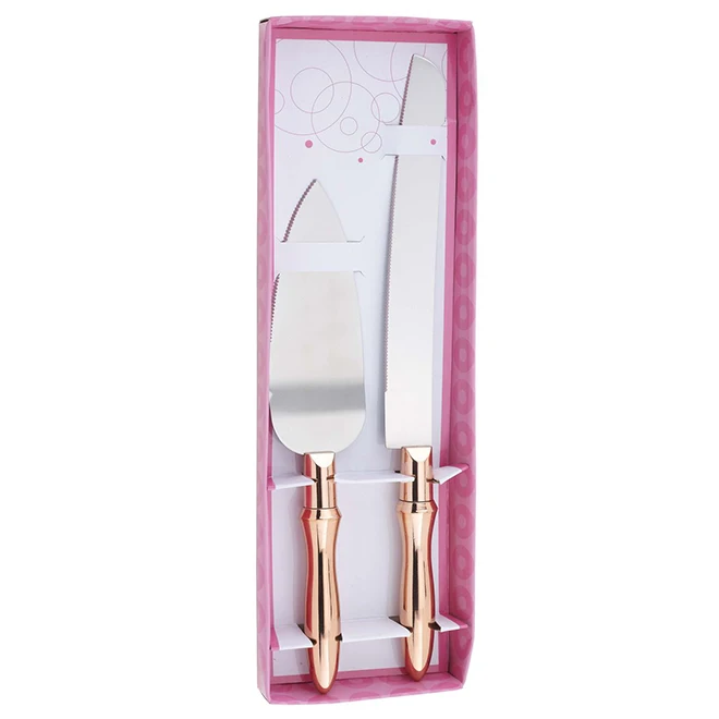 Yangjiang Factory, Luxury cake set of 2 stainless steel knife & shovel in gold color with gold PS handle wedding flatware