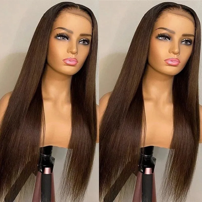 Wholesale Natural Custom Small Knot 5x5 Lace Closure Human Hair Pre Plucked Dark Brown Straight 13*4 Lace Front Wig For Women