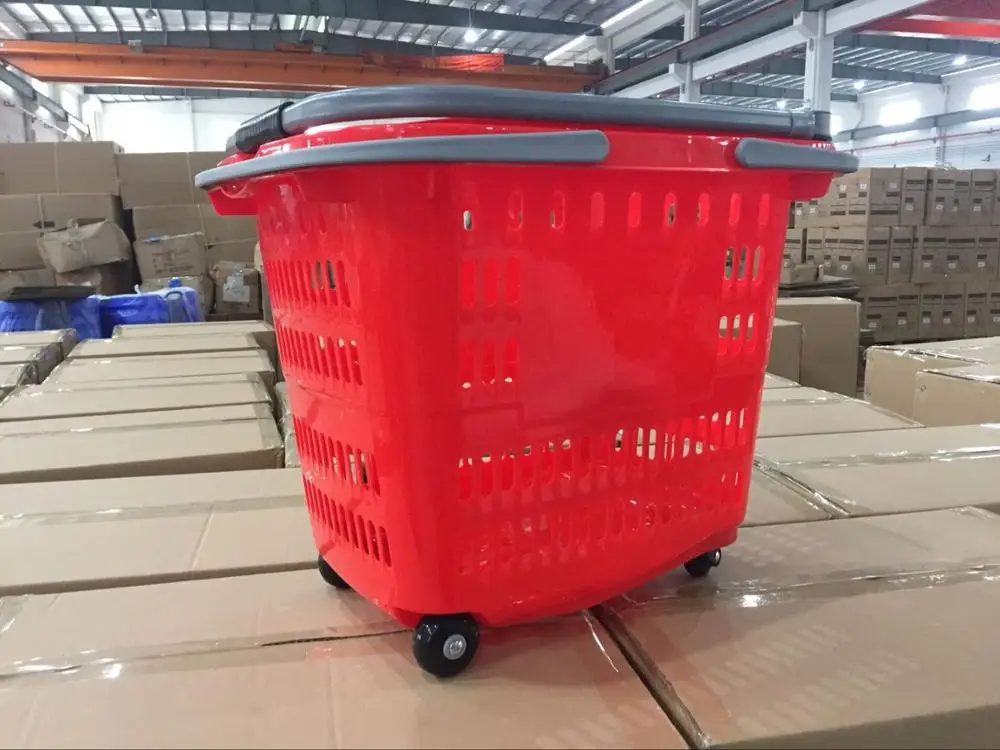 MOQ 50L Supermarket rolling basket with 4 wheels, shopping basket, plastic basket