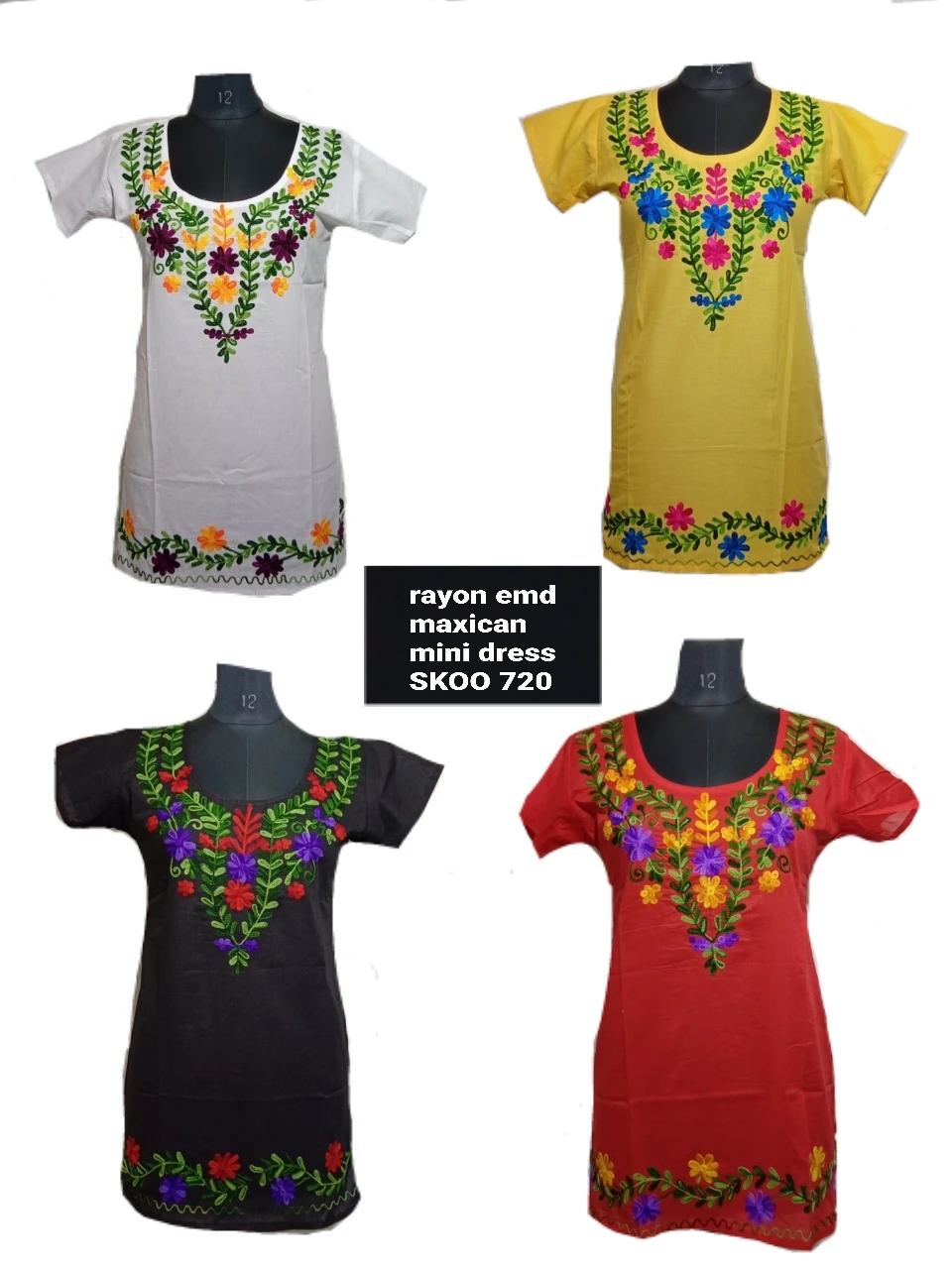 Indian Boho Traditional T-Shirt type dress black color flower printed women mexican cotton embroidery plain dress for ladies