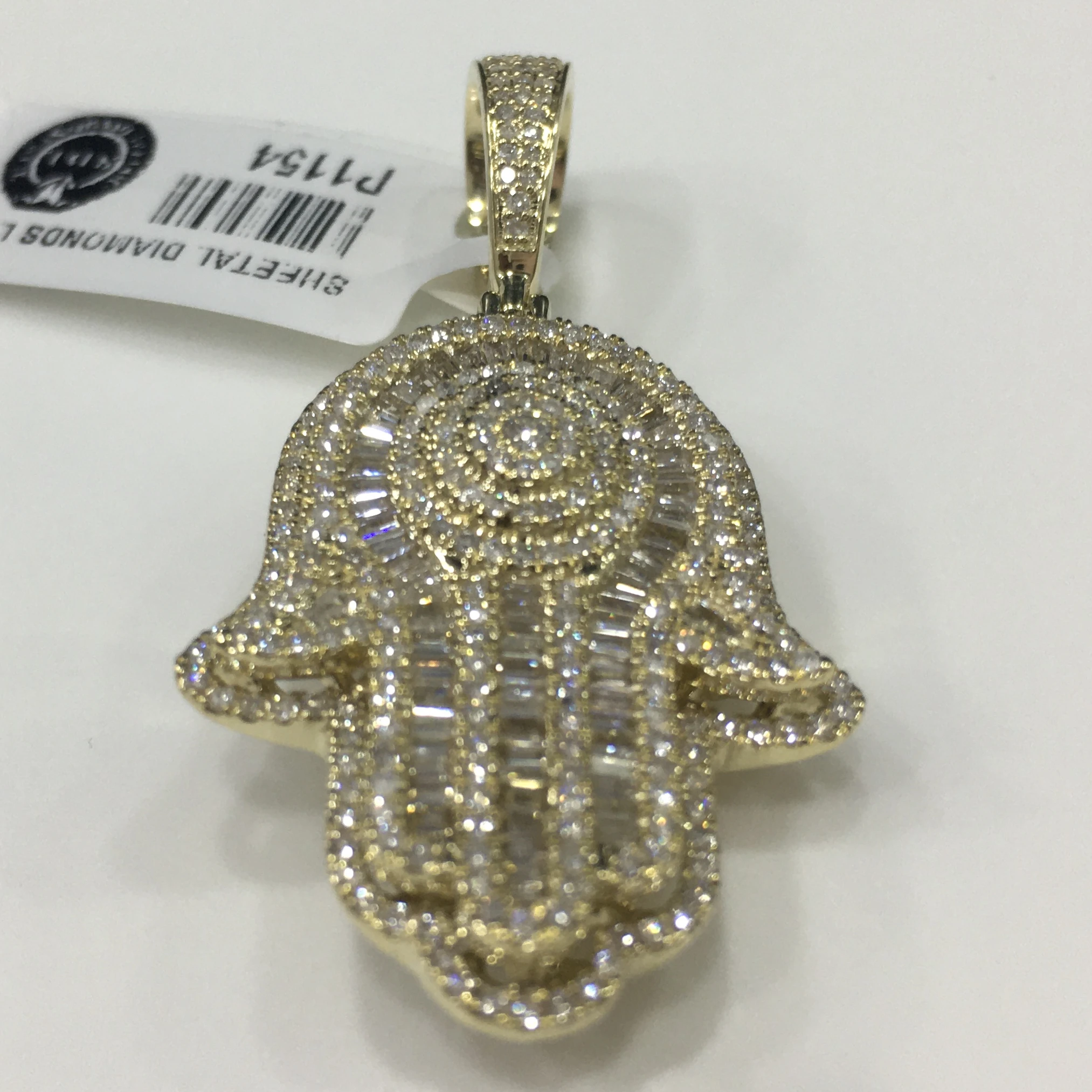 High Quality Super Fine Palm Shaped Amulet Round and Baguette Cut Diamond Pendant For Women