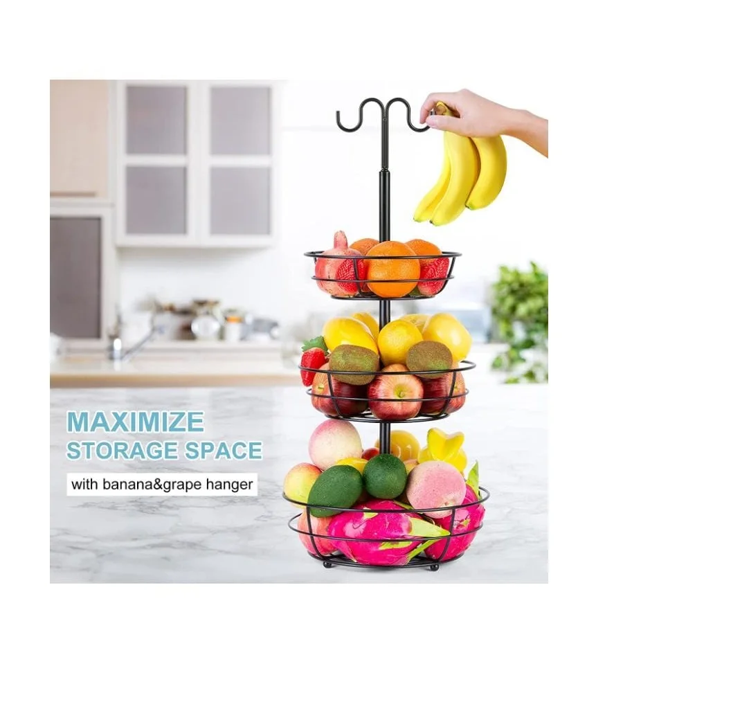 Kitchen Accessories Home Metal Wire Fruit Basket 3 Tier Fruit Basket with Banana hook for Storage Vegetable and fruits
