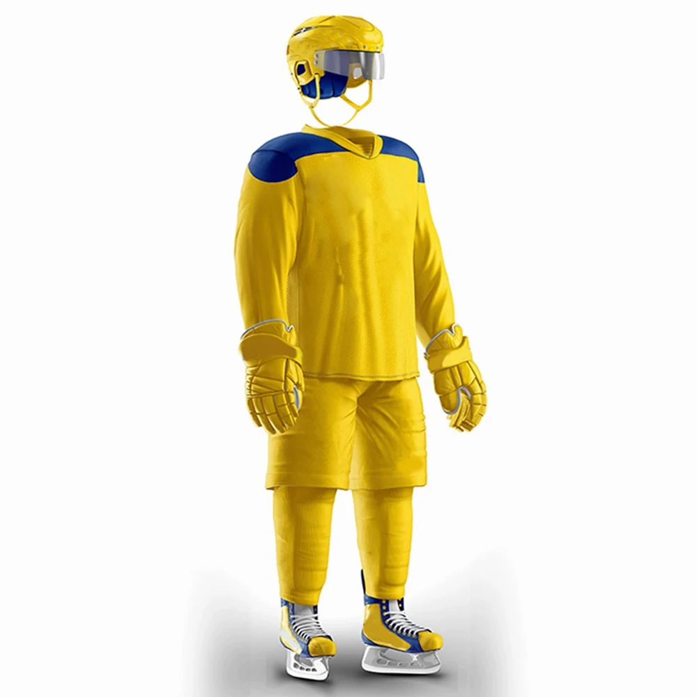 Однотонная мужская униформа для хоккея с шайбой желтого цвета полиэстер изготовленная на заказ команды