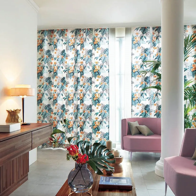 A tropical resort-style curtain fabric made in Japan with a tropical botanical design.
