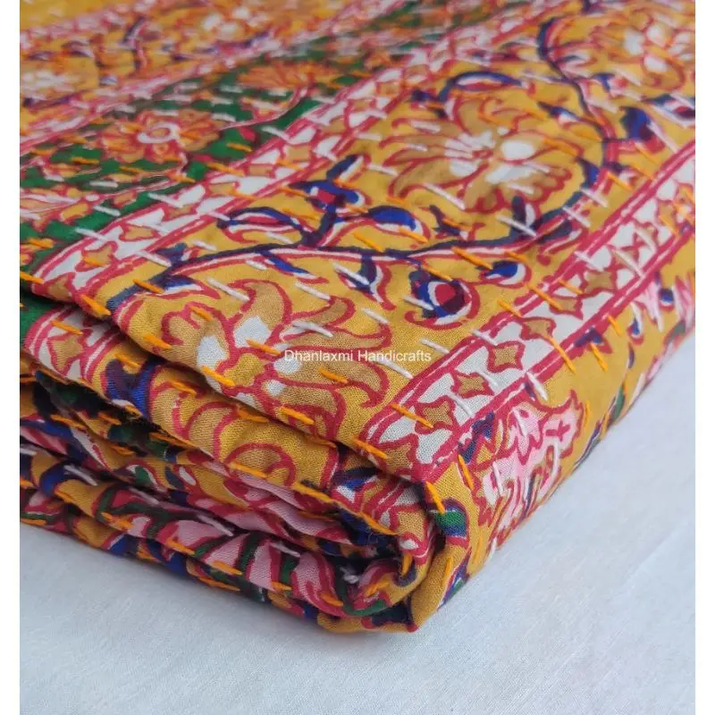 Multi- Colour Indian Handmade Print Floral Cotton Kantha Quilt Beautiful Floral Wholesale Kantha Bedspread