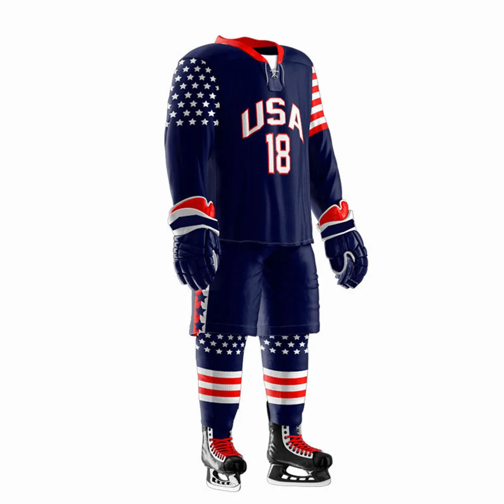 Высококачественная Мужская индивидуальная униформа для хоккея с шайбой комплекты из полиэстера синего цвета изготовленные использованием защитной одежды