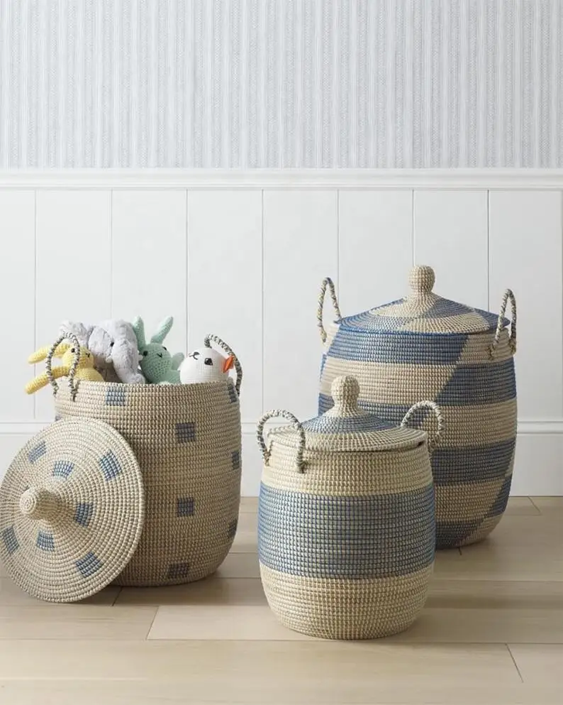 Оптовая продажа от вьетнамского производителя светло-голубой набор из 3 корзин для хранения африканских морских водорослей корзина белья индивидуальный дизайн