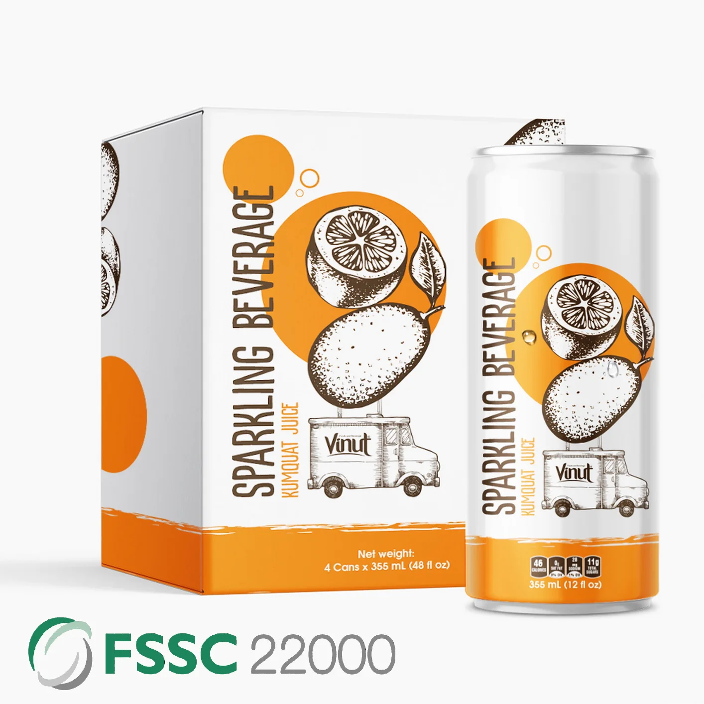 355ml Carbonated drinks VINUT Can (Tinned) Kumquat Juice Manufacturing Low Calories OEM in Vietnam Halal Certified