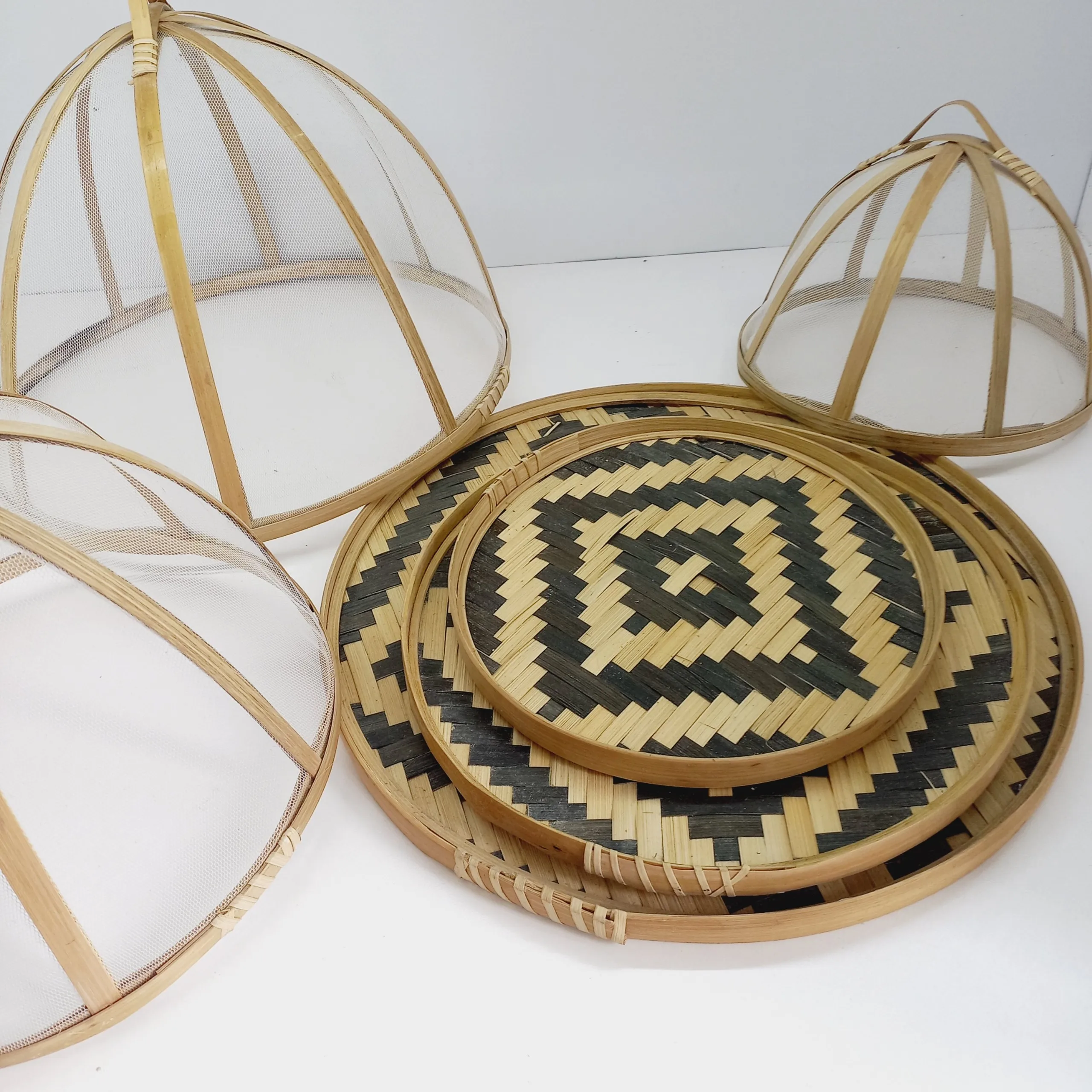 Nordic Round Restaurant Mesh Serving Tent Net Storage Basket Woven Bamboo Food Cover With Lid Kitchen Multifunctional