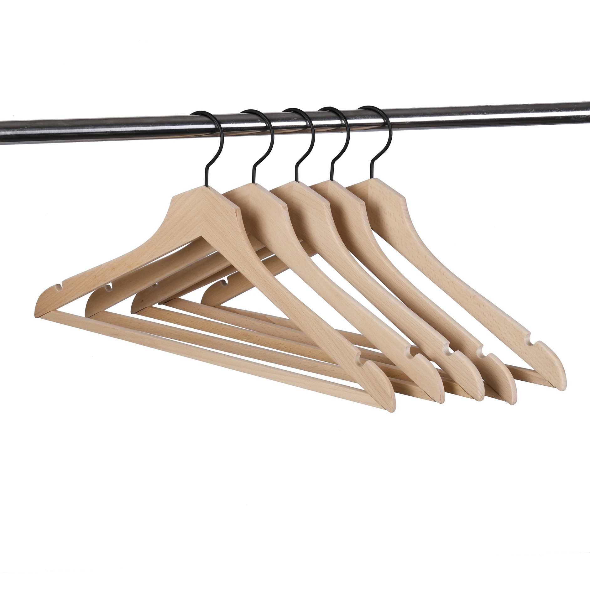 Manufacturer Thin Smooth No Paint Beech Wood Hangers Slim Wooden Cloths with Pant Bar