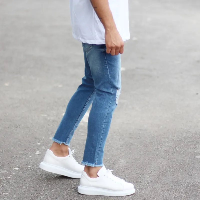 Casual 100% Cotton Men Skinny Jeans with Heavy Rips in Blue Man New Style High Quality Wholesale Offer Trend 2022