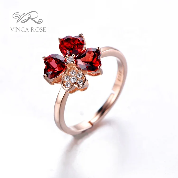 clover flower ring jewelry red stone cz women silver ring