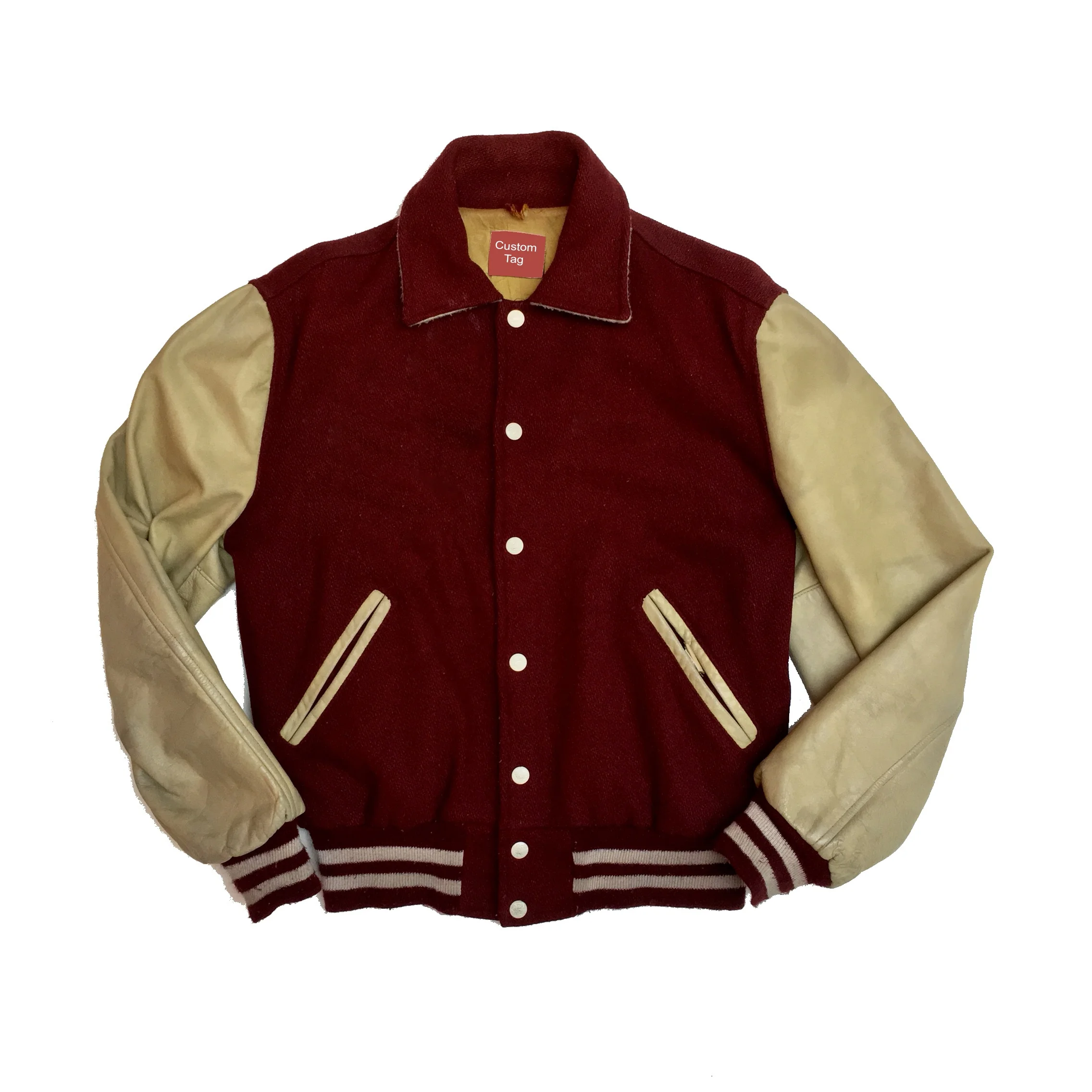 
Wholesale Custom Latest Design Mens Varsity Baseball, Maroon Wool & Beige Leather Varsity Letterman School Jacket 