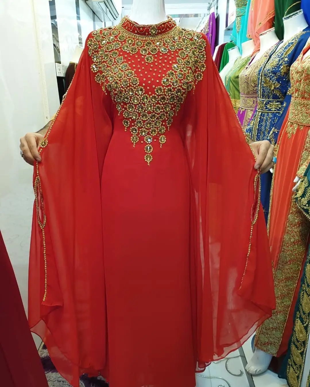 
Dubai Eid Best Selling Europe United States New Abaya Dress Hand Beads Work long Arabian Moroccan Style Abaya 