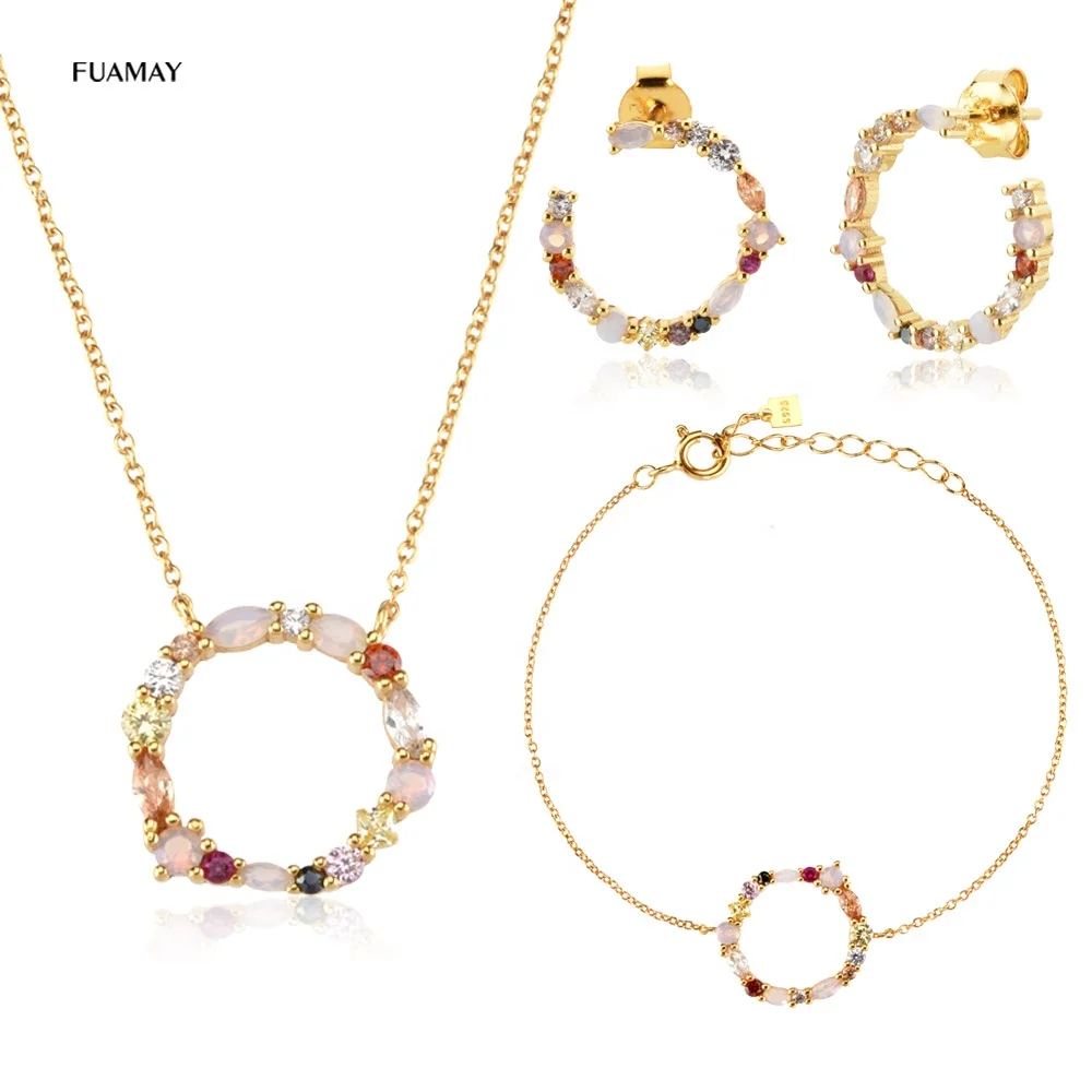 FUAMAY Flower Garland Jewelry Sets 18k Gold Plated Big Geometric Circle Rainbow Opal Bracelets Earring Necklace Sets