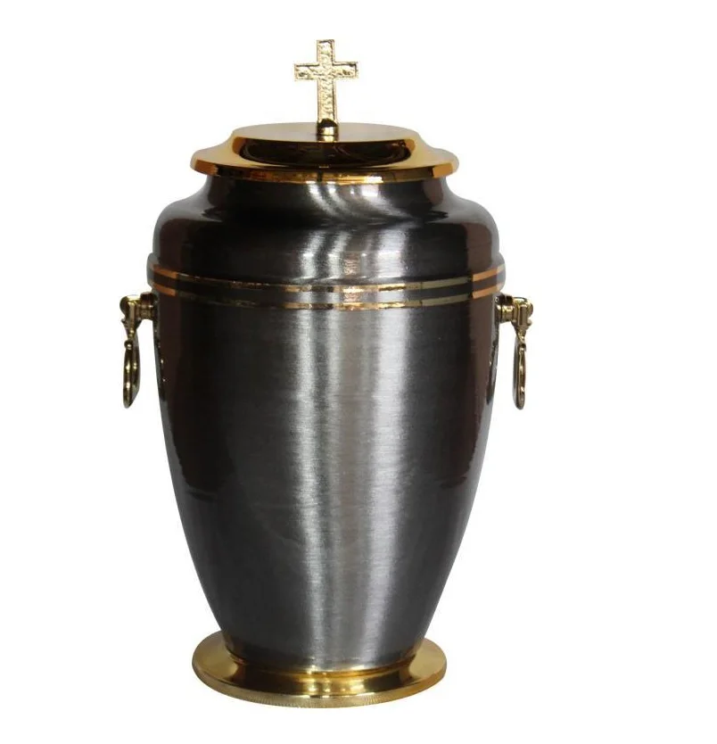 stylish Iron Black Funeral Cremation Urn With Golden Cross