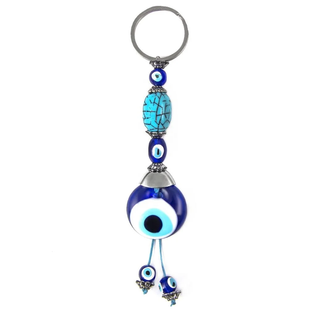 Turquoise Shaped Hand Made Glass Evil Eye Beaded Charm Key Chain in
