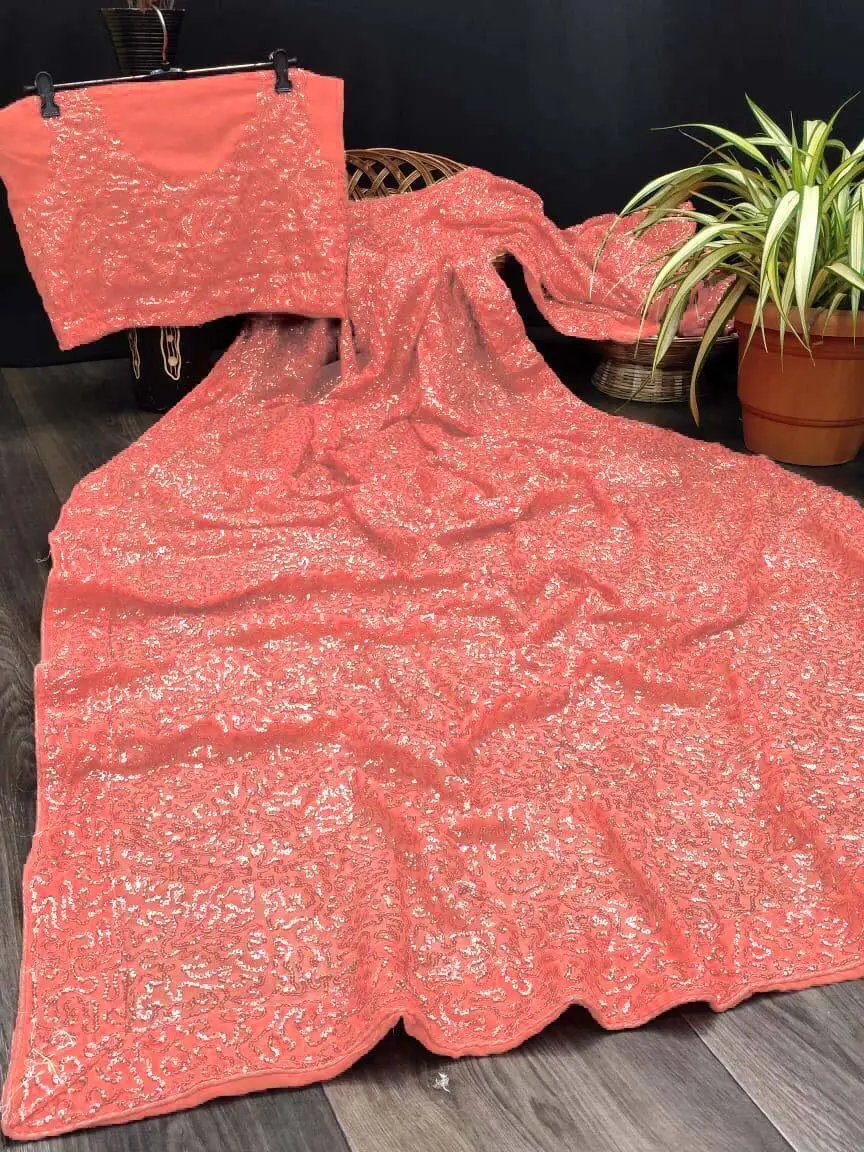 GEORGETTE WITH EMBROIDERY CHEN WORK SAREE FROM OMVAGMINE