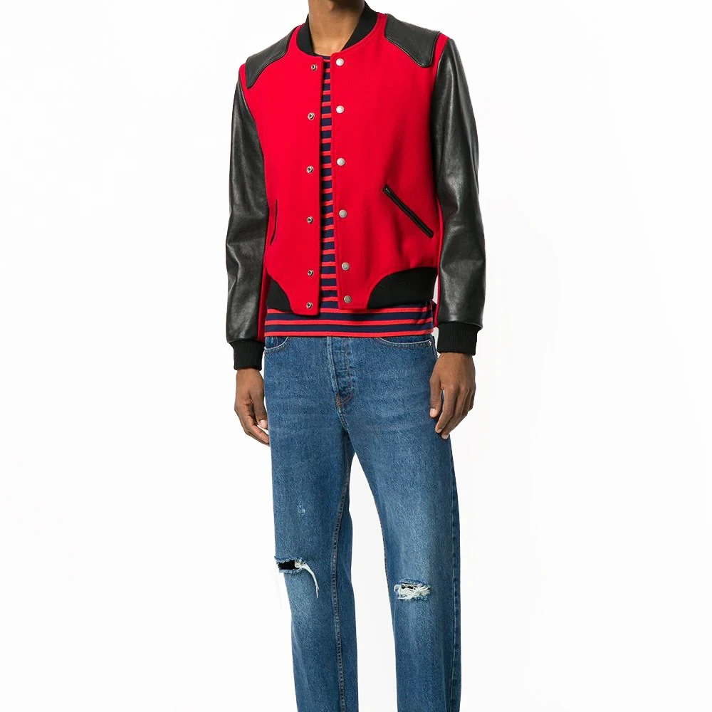 Pakistani Manufacture Varsity Jacket Red Color Leather Sleeve Fashionable Men College Varsity Jacket