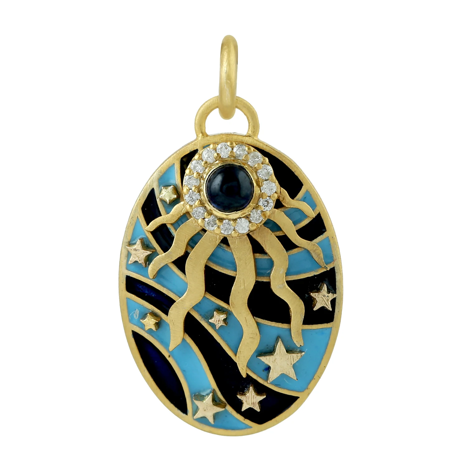 
Blue Sapphire Sunburst & Star Charm Enamel Diamond Pendant 14k Yellow Gold Jewelry For Her 