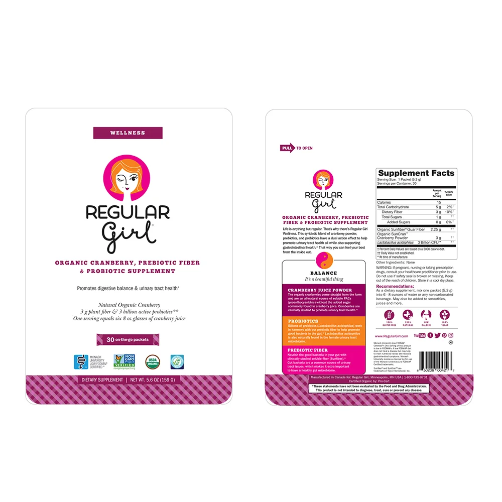 Regular Girl Wellness Prebiotic Soluble Fiber Sun fiber and Probiotics Bifidobacterium Lactis Organic Powder