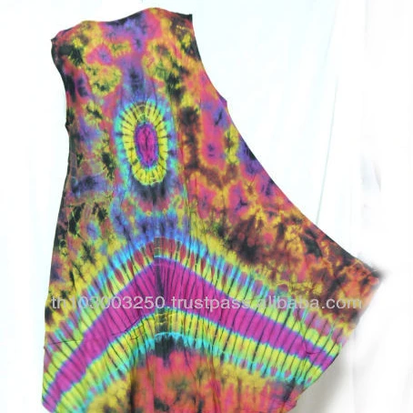 
Vintage Retro Thai Style HIPPIE BOHO FULL Tie Dye Handmade Polka Dot Butterfly Bat Wing Kaftan Tank Dress 