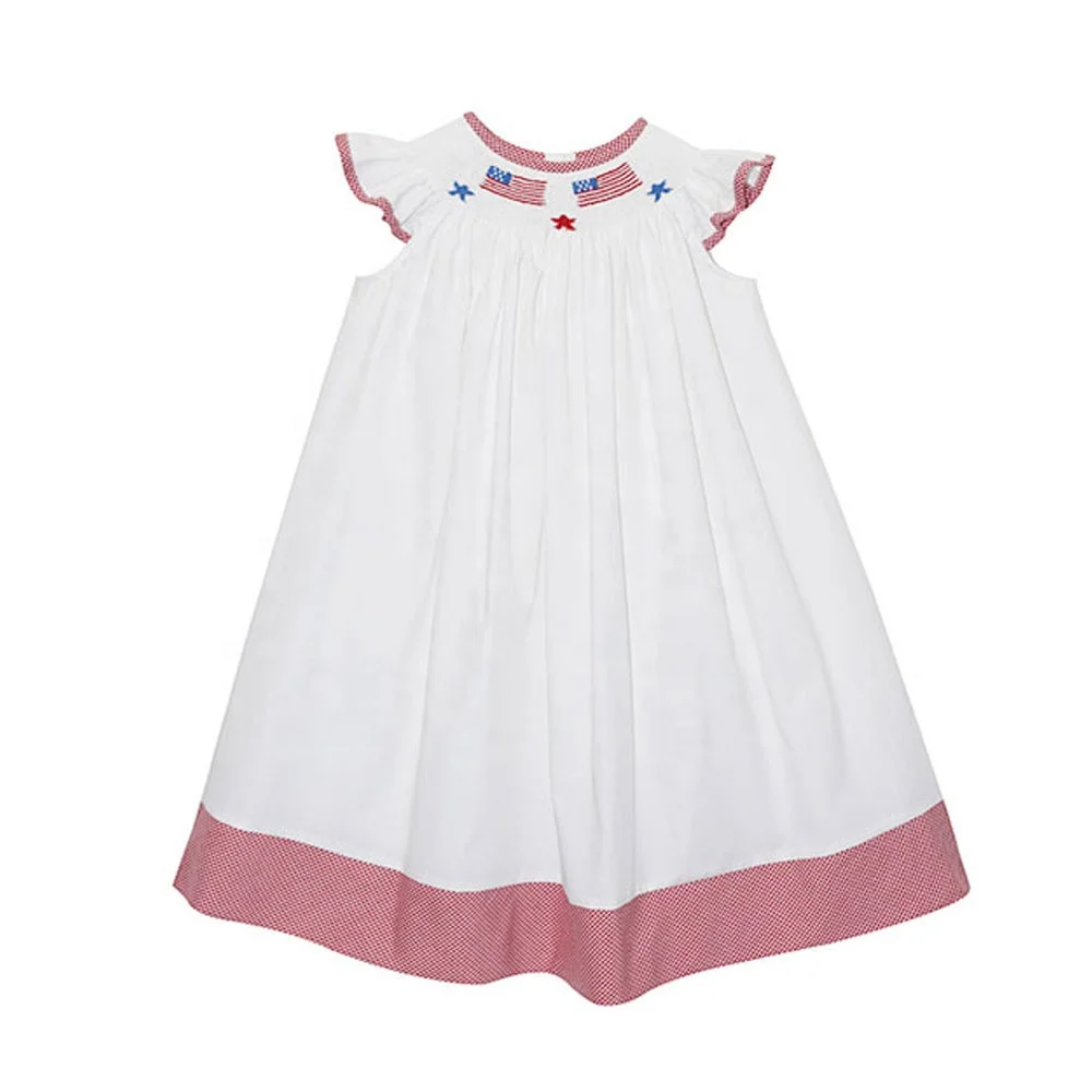 Solid White Patriotic 4th July American Flags Baby Dress with Smocked Design Cotton Age 6 7 9 Years for Girls Summer Season