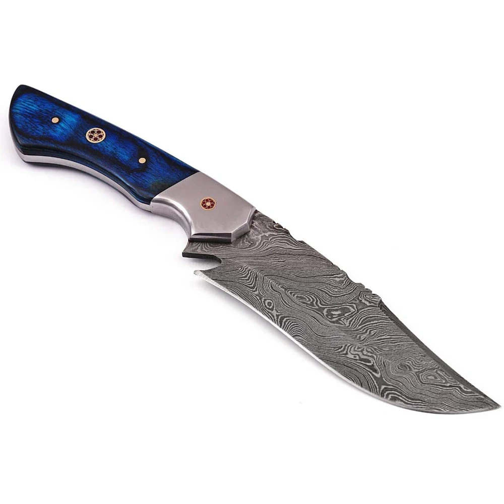 Custom Damascus Steel Hunting Bowie Knife Exotic Deer Horn Handle Hand made Camping Hunting knife With Leather Sheath