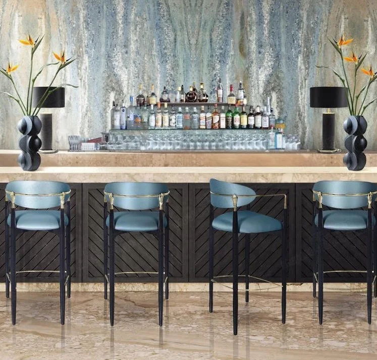 China Aluminum Gold Plated Armrest Fabric Black Frame Upholstery Metal Legs Dark Blue Bar Regular Bar Stools