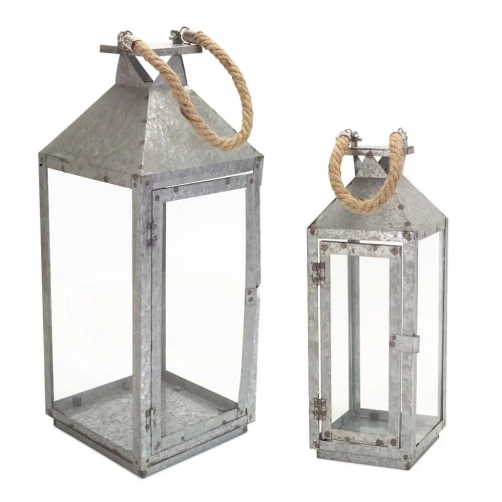 Metal Lantern, Rope Handle (Galvanized, Sitting, Hanging, Use with Candle)