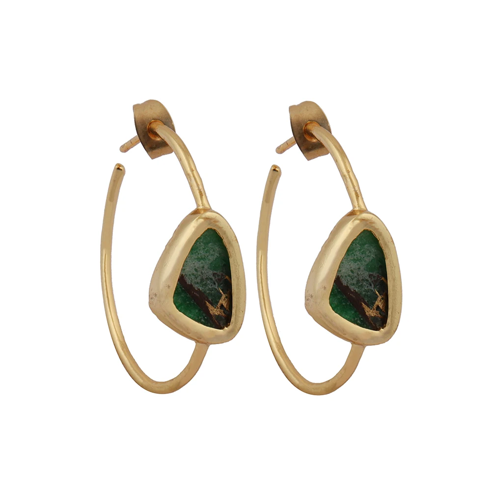 Green Mohave Turquoise Collet Setting Gemstones Gold Plated Brass metal Hoop Earrings For Her  Earrings Jewelry Mode Joyas E-129