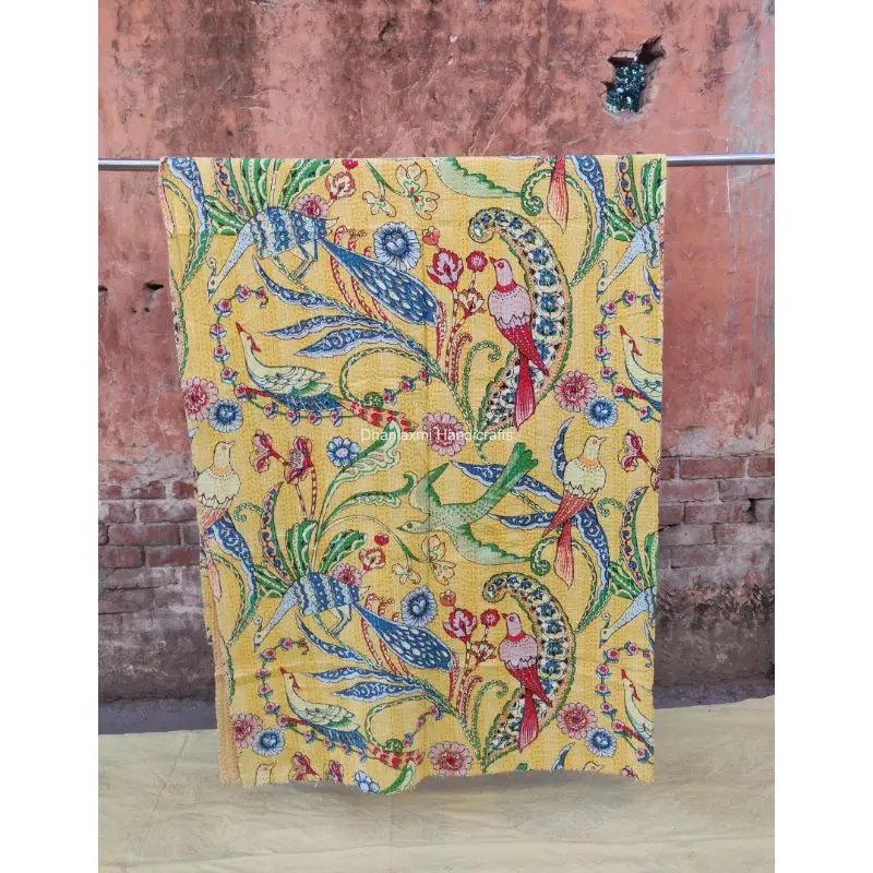 Новое индийское желтое покрывало Kantha с принтом птиц красивое домашнее украшение оптовая продажа Хлопковое одеяло ручной работы