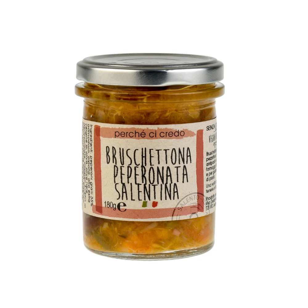 Italian High quality Bruschetta stewed peppers. Handmade without preservatives. Spreadable, jar 180g