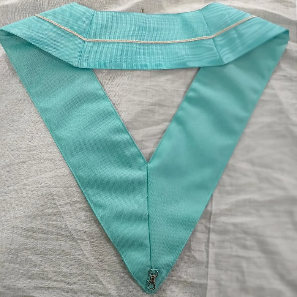 Masonic craft officers collar made with turquoise blue watermarked ribbon  Russian braid backing with hook for jewel